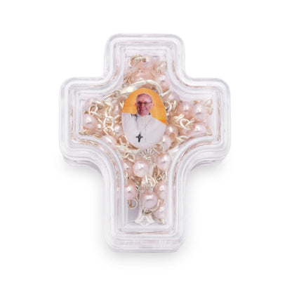Cross-shaped Pope Francis Rosary Case with White Synthetic Pearl Rosary