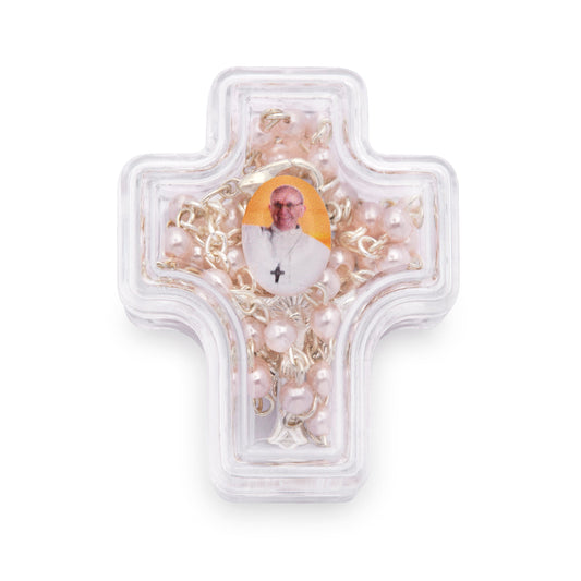 Cross-shaped Pope Francis Rosary Case with White Synthetic Pearl Rosary