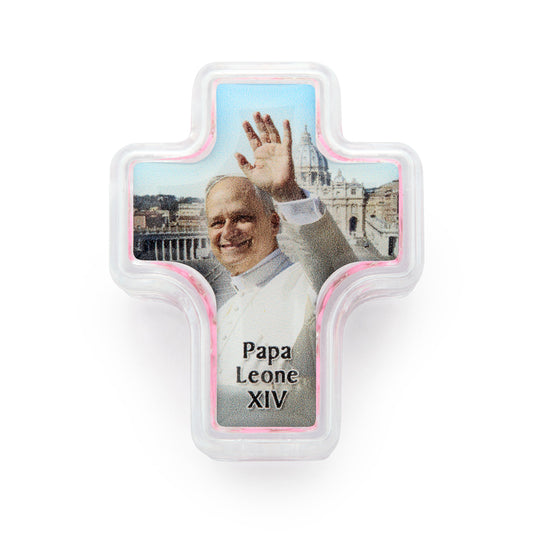 Cross Shaped Pope Leo XIV Rosary Case with Pink Synthetic Pearl Rosary