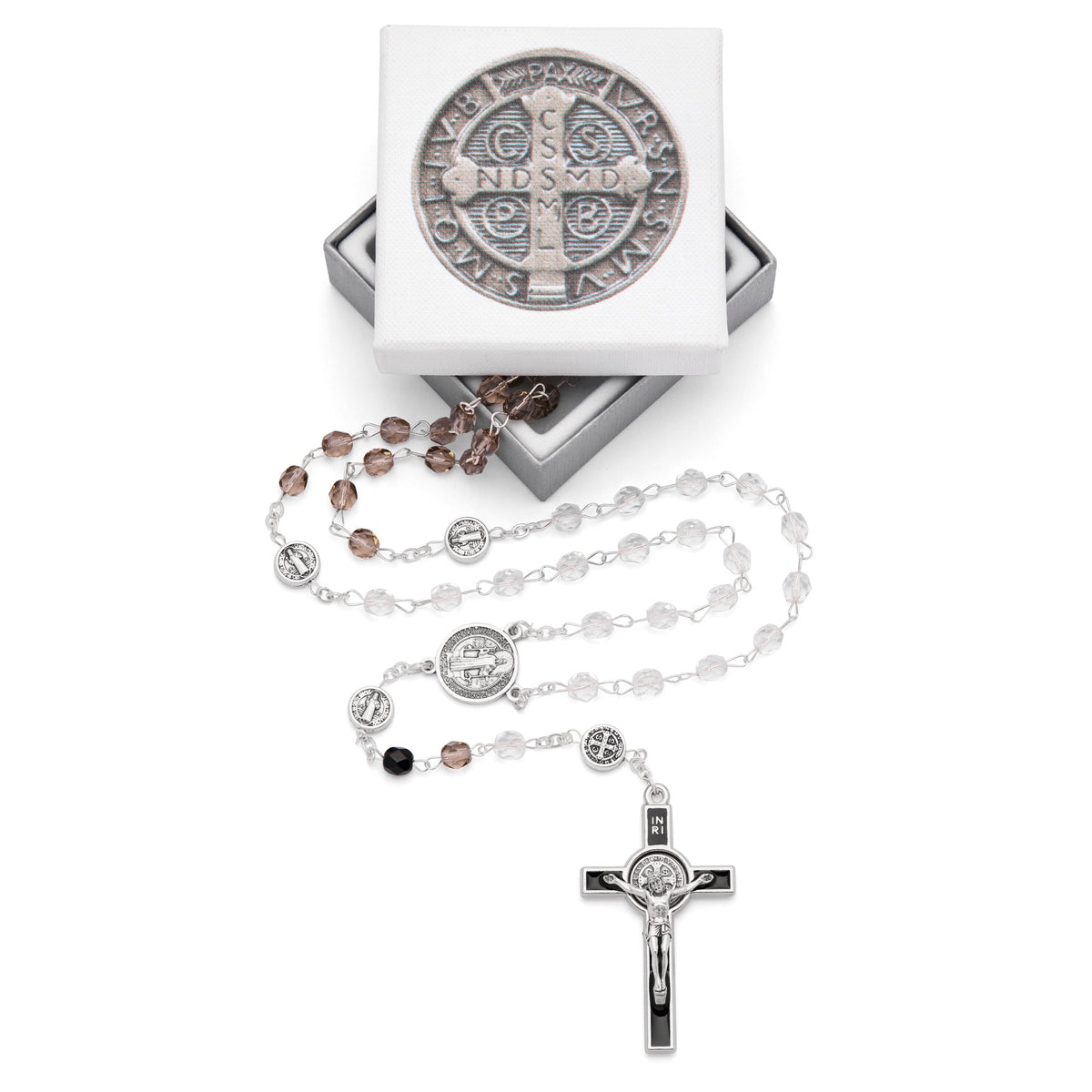 Saint Benedict Rosary with Grey-Toned Crystal Beads
