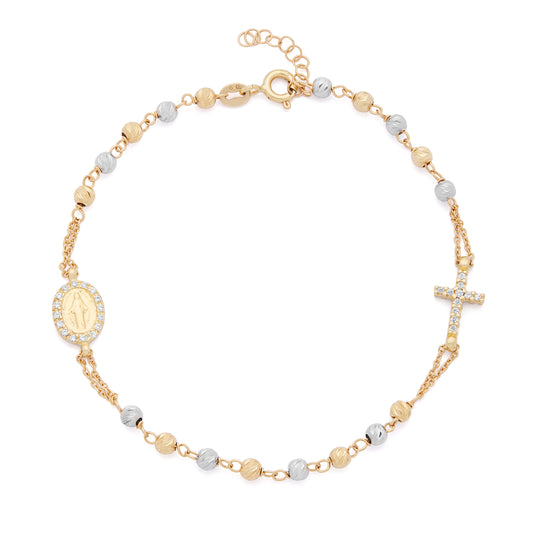 Bracelet with Yellow Gold and White Gold Small Faceted Beads with Miraculous Medal and Cross in Cubic Zirconia