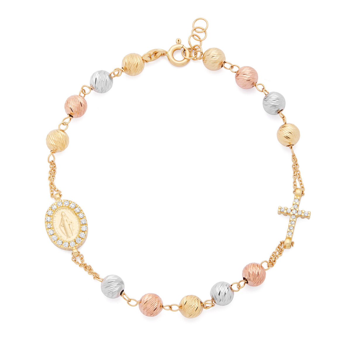 Bracelet with Yellow Gold, White Gold and Rose Gold Faceted Beads with Miraculous Medal and Cross in Cubic Zirconia