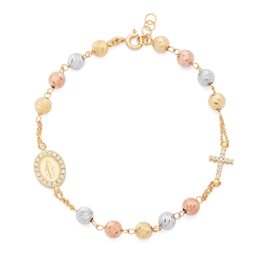 Bracelet with Yellow Gold, White Gold and Rose Gold Faceted Beads with Miraculous Medal and Cross in Cubic Zirconia