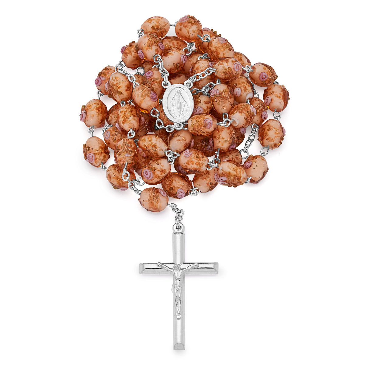 Sterling Silver Rosary with Pink Crystal Beads and Rosettes with the Miraculous Medal
