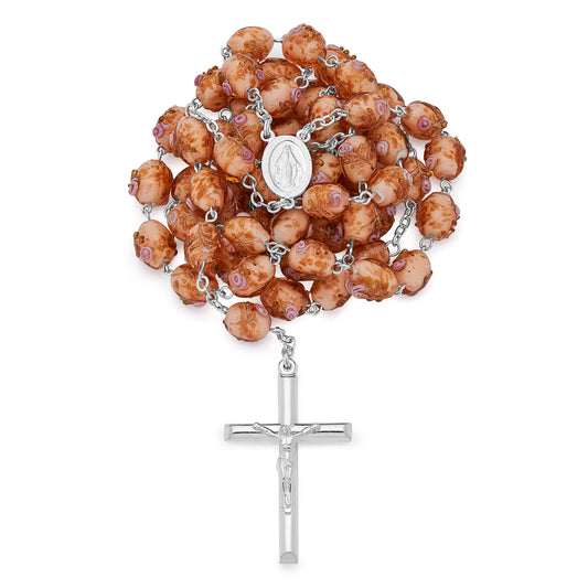 Sterling Silver Rosary with Pink Crystal Beads and Rosettes with the Miraculous Medal
