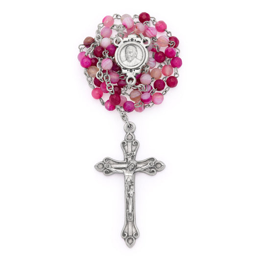 Deep Pink Agate Rosary with Pope Francis