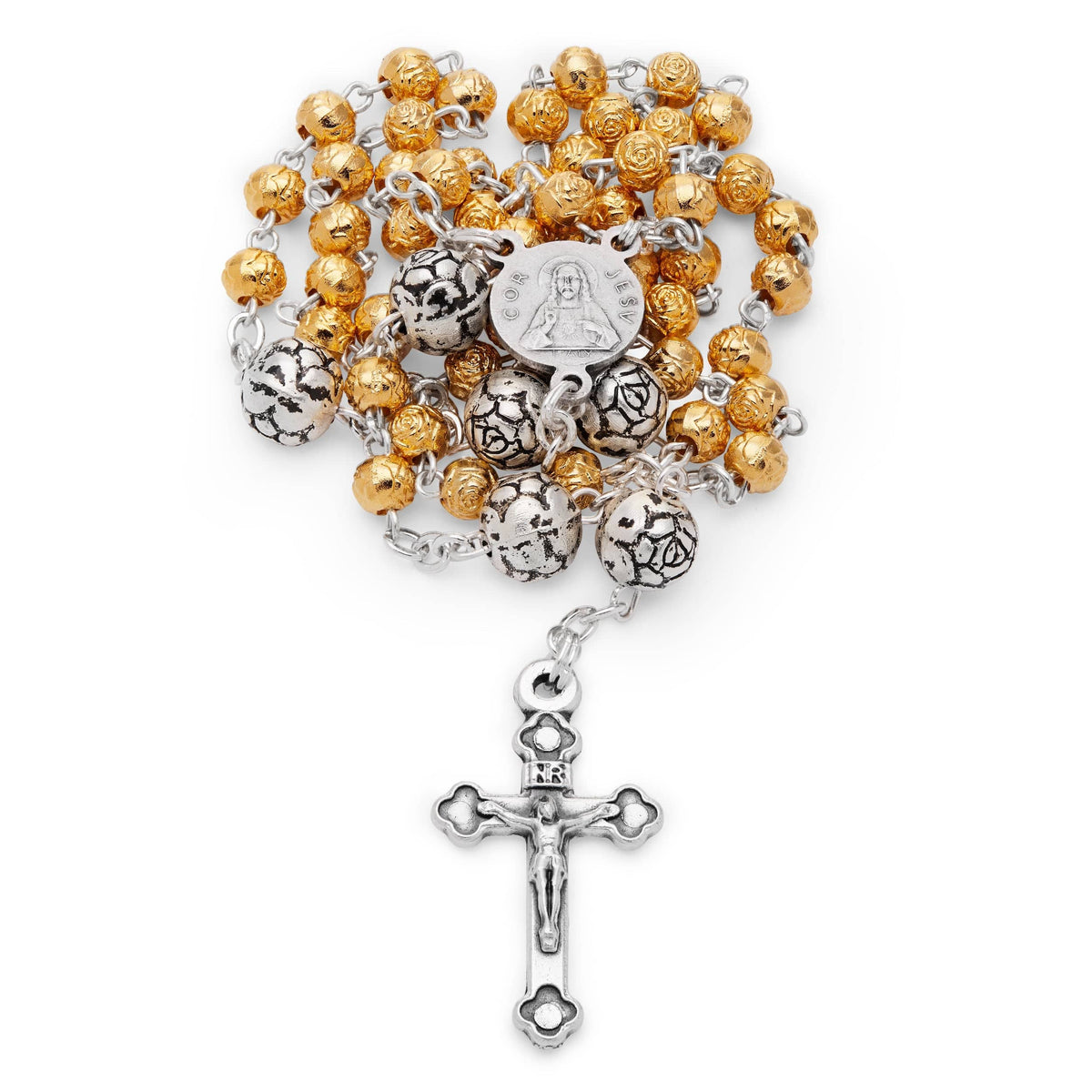 Golden Rosary Case With the Divine Child and Rose-shaped Beads Rosary