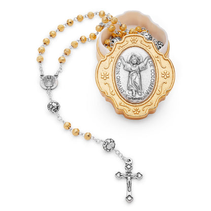 Golden Rosary Case With the Divine Child and Rose-shaped Beads Rosary