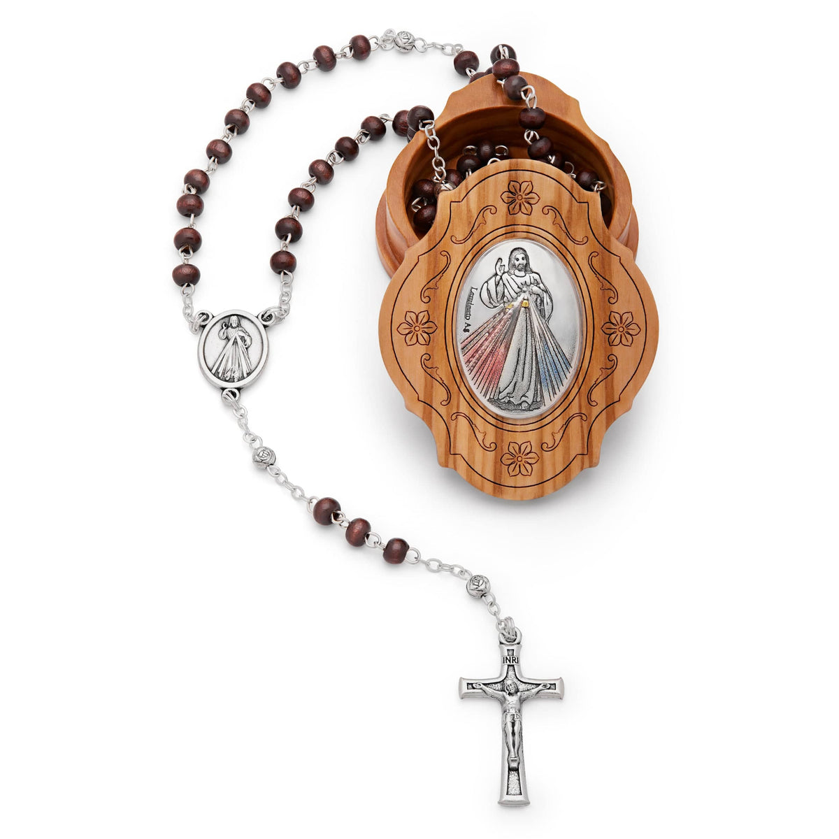 Olive Wood Merciful Jesus Rosary Case With Wood Rosary