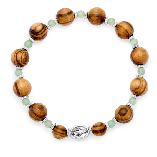 Elastic Wooden Bracelet With Green Aventurine Crystals and Miraculous Medal