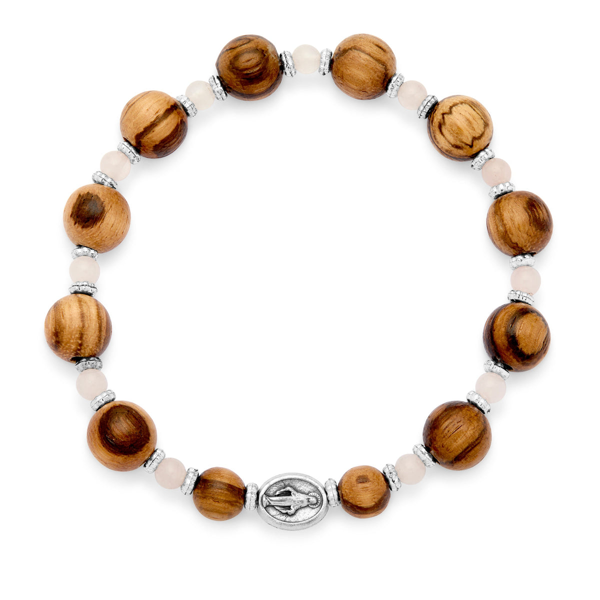 Elastic Wooden Bracelet With Rose Quartz Crystals and Miraculous Medal