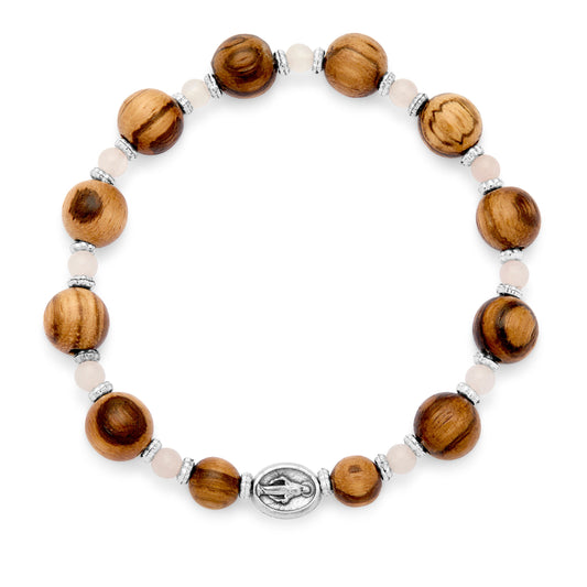 Elastic Wooden Bracelet With Rose Quartz Crystals and Miraculous Medal