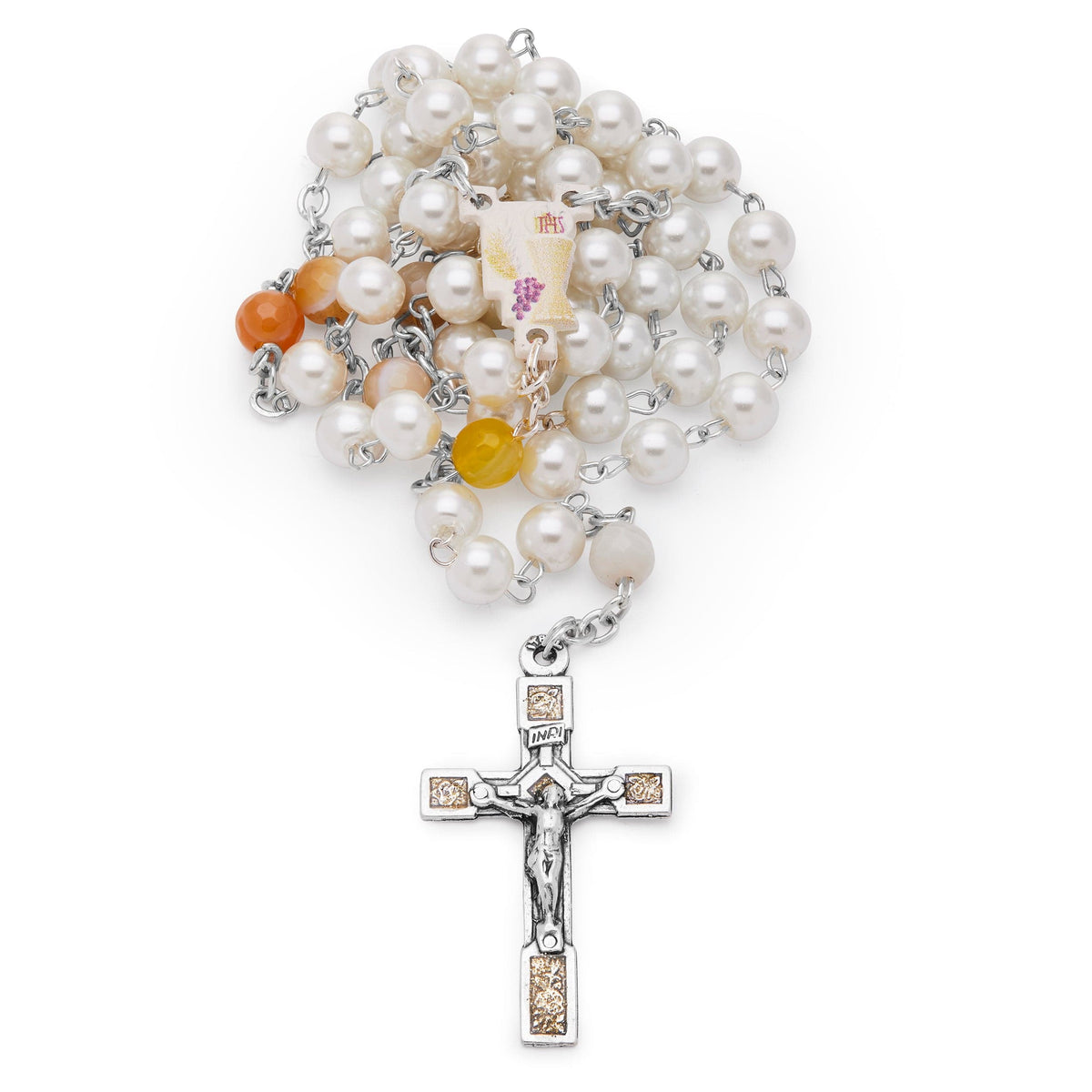 First Communion Rosary in White Glass Pearls