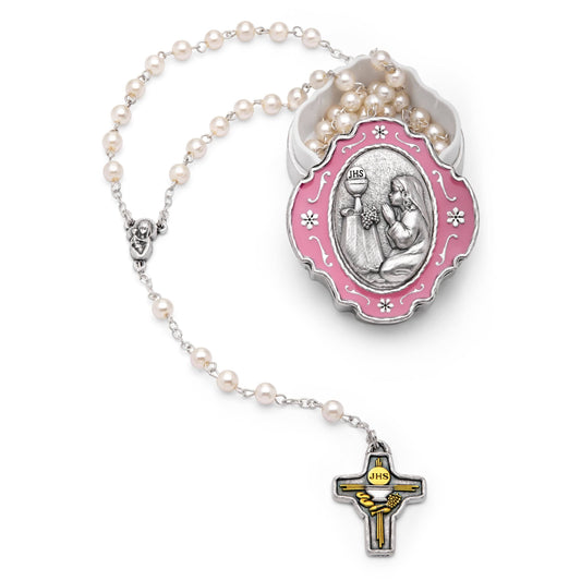 Pink Enameled First Communion Rosary Case With Pearl Beads Rosary