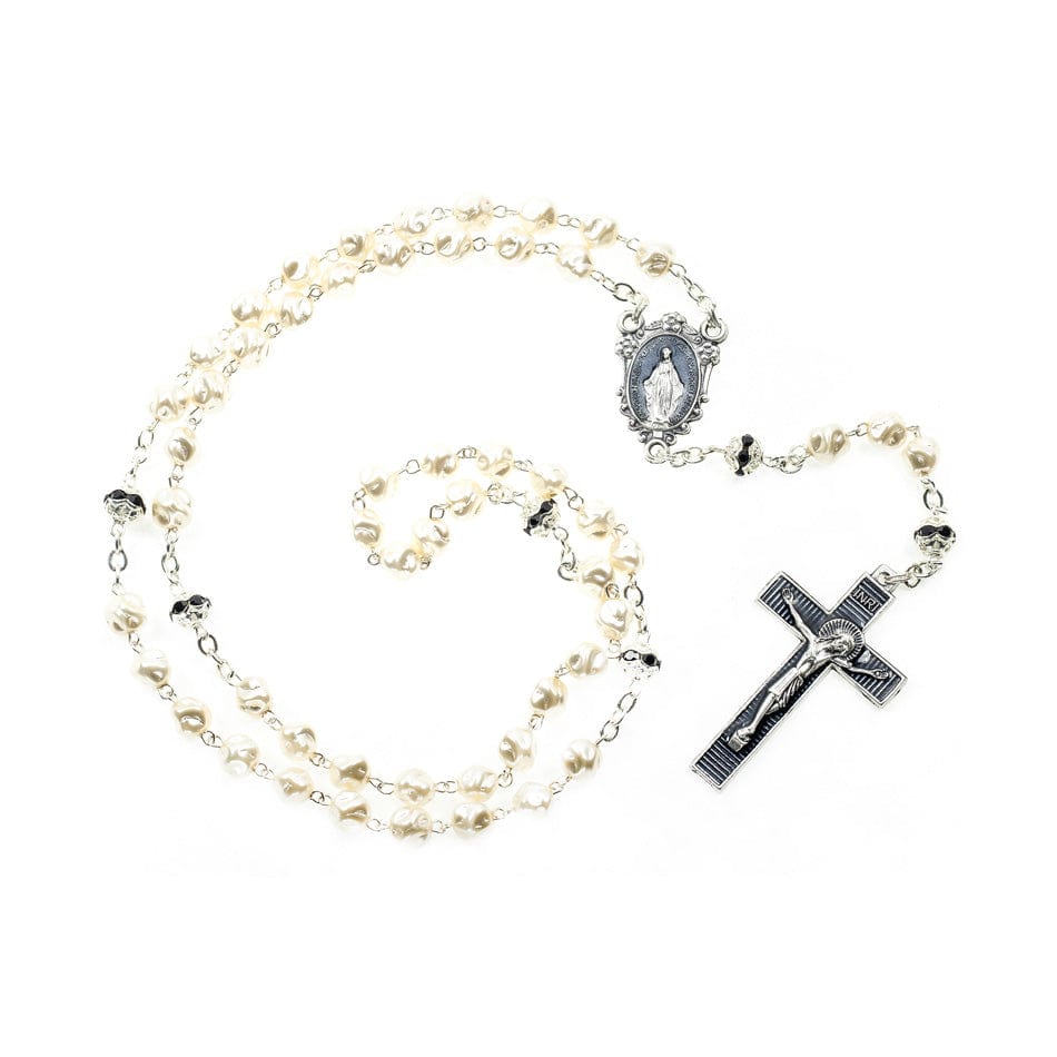 Glass Pearl Rosary with Black Crystal Rhinestones