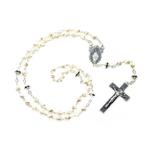 Glass Pearl Rosary with Black Crystal Rhinestones