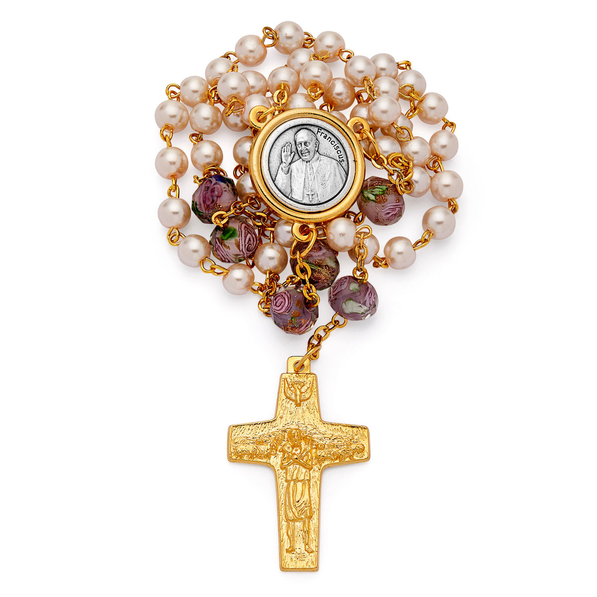 Pope Francis Rosary with Lilac Glass and Synthetic Pearl Beads