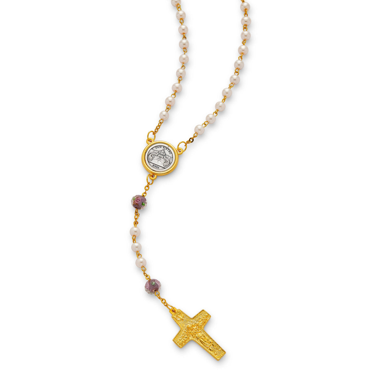 Pope Francis Rosary with Lilac Glass and Synthetic Pearl Beads