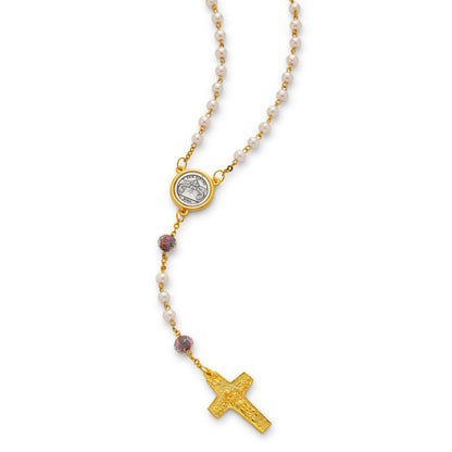Pope Francis Rosary with Lilac Glass and Synthetic Pearl Beads