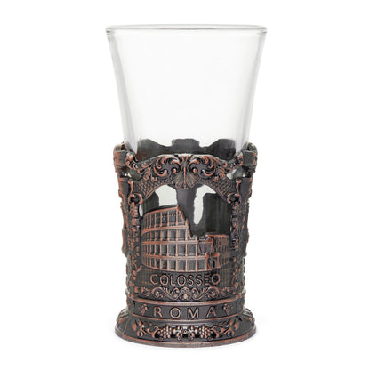 Glass Souvenir Shot Glass with Bronze-toned Metal Base featuring St. Peter's Basilica and Colosseum