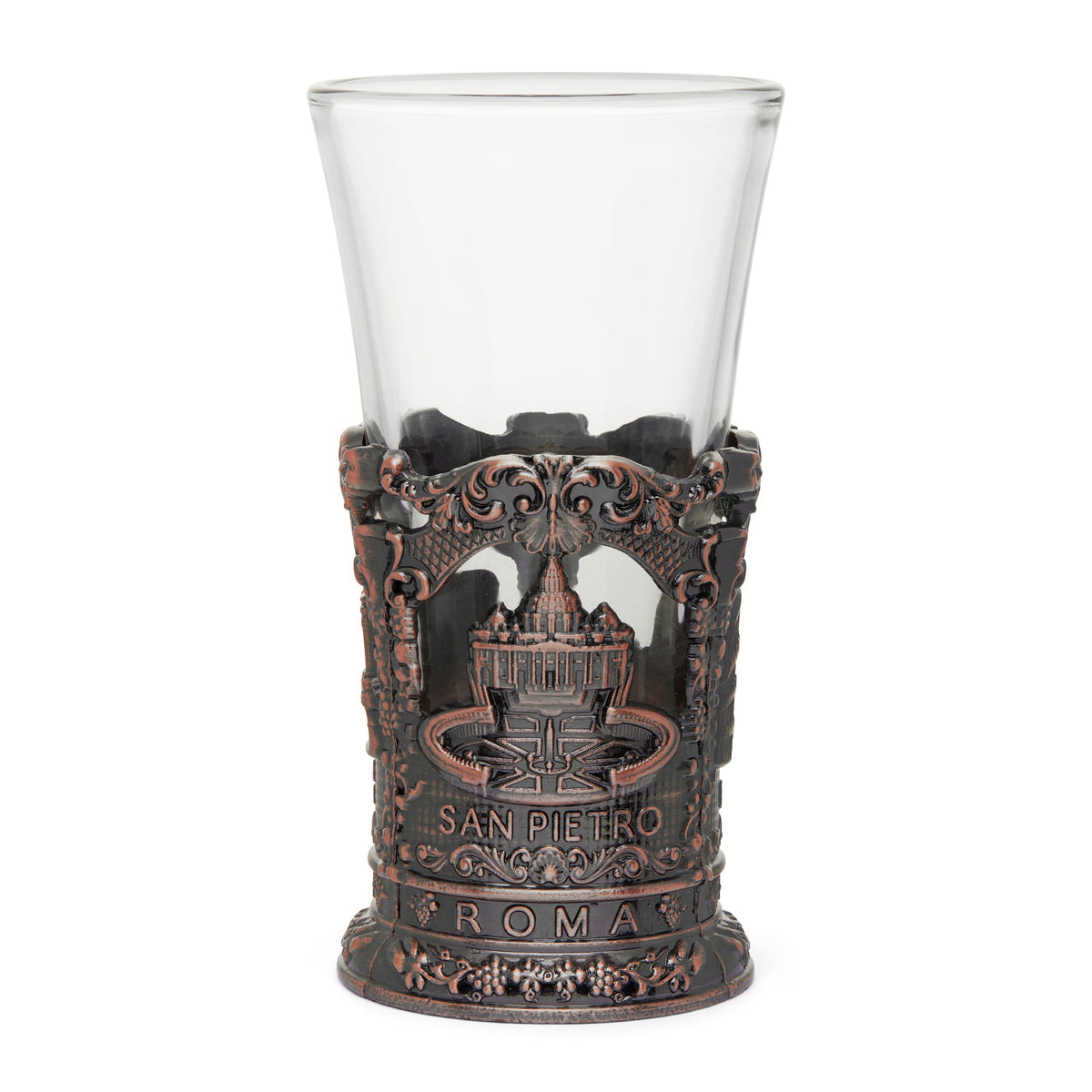 Glass Souvenir Shot Glass with Bronze-toned Metal Base featuring St. Peter's Basilica and Colosseum