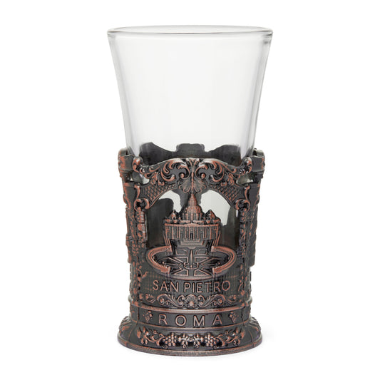 Glass Souvenir Shot Glass with Bronze-toned Metal Base featuring St. Peter's Basilica and Colosseum