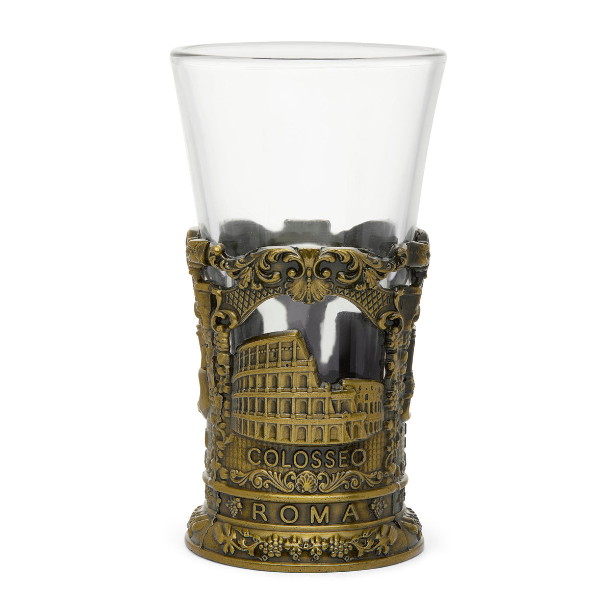 Glass Souvenir Shot Glass with Gold-toned Metal Base featuring St. Peter's Basilica and Colosseum