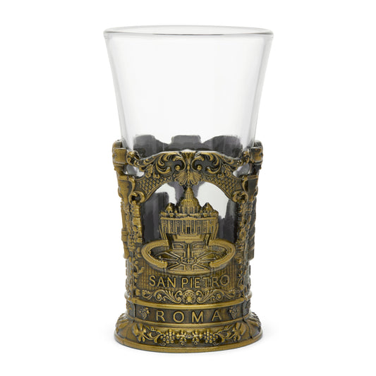 Glass Souvenir Shot Glass with Gold-toned Metal Base featuring St. Peter's Basilica and Colosseum