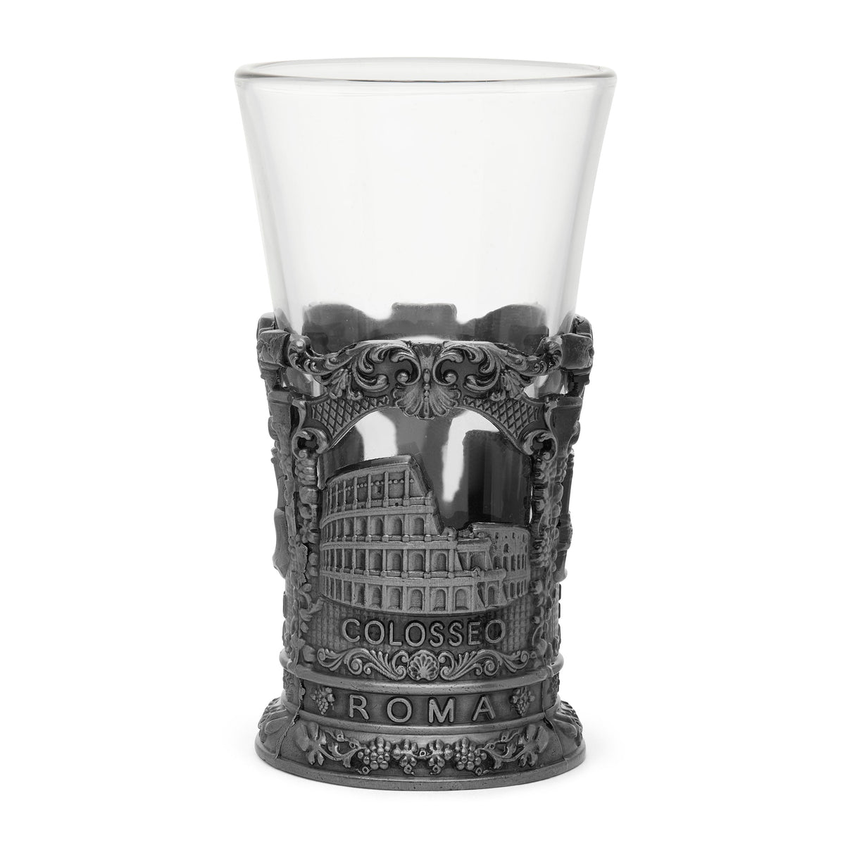 Glass Souvenir Shot Glass with Metal Base featuring St. Peter's Basilica and Colosseum