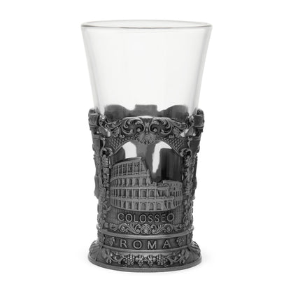 Glass Souvenir Shot Glass with Metal Base featuring St. Peter's Basilica and Colosseum