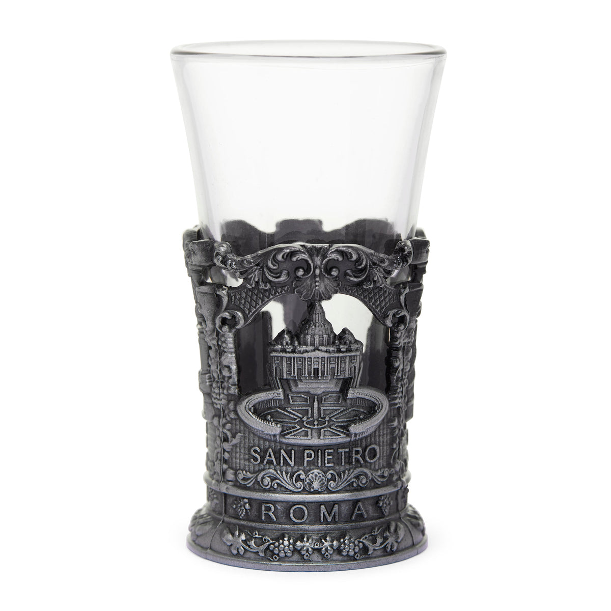 Glass Souvenir Shot Glass with Metal Base featuring St. Peter's Basilica and Colosseum
