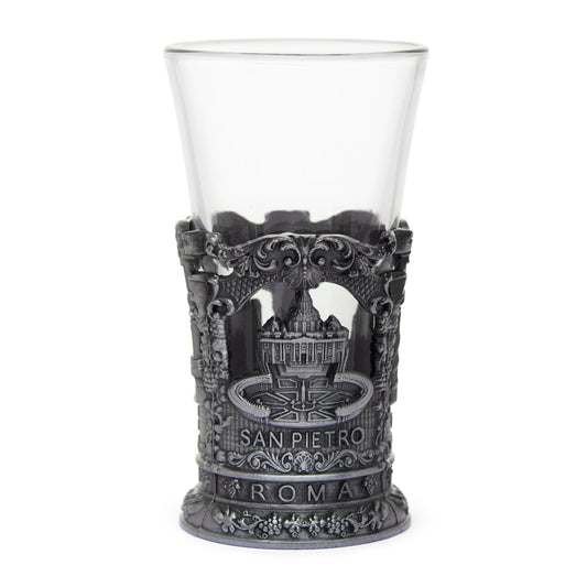 Glass Souvenir Shot Glass with Metal Base featuring St. Peter's Basilica and Colosseum