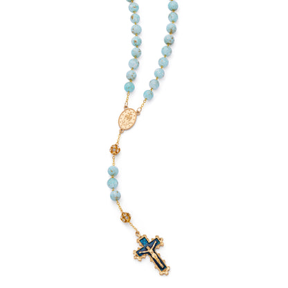 Gold-Tone Metal Rosary with Light Blue Marble Effect Beads and Rhinestone Beads