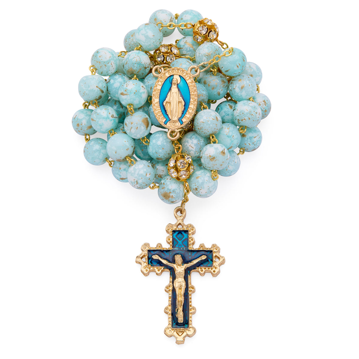 Gold-Tone Metal Rosary with Light Blue Marble Effect Beads and Rhinestone Beads
