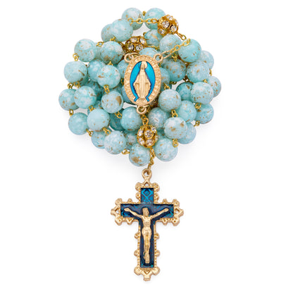 Gold-Tone Metal Rosary with Light Blue Marble Effect Beads and Rhinestone Beads