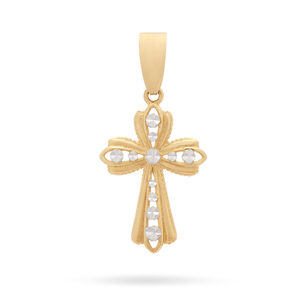 Yellow Gold Hollow Flower Cross Pendant With White Gold Dots