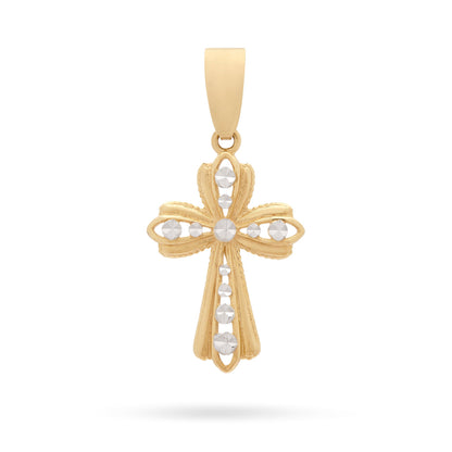 Yellow Gold Hollow Flower Cross Pendant With White Gold Dots