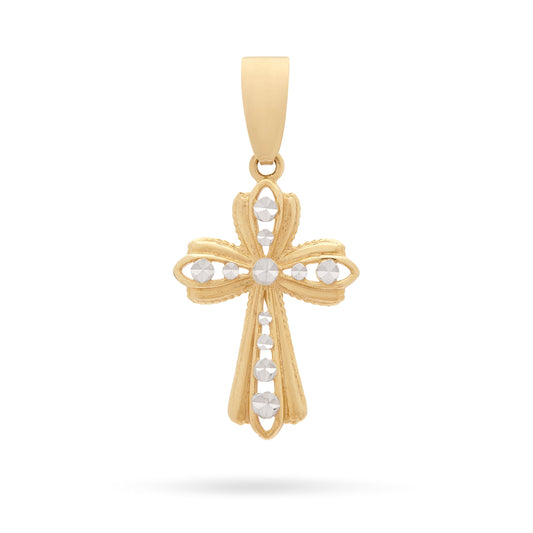 Yellow Gold Hollow Flower Cross Pendant With White Gold Dots