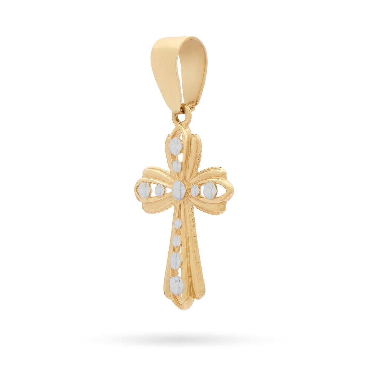 Yellow Gold Hollow Flower Cross Pendant With White Gold Dots