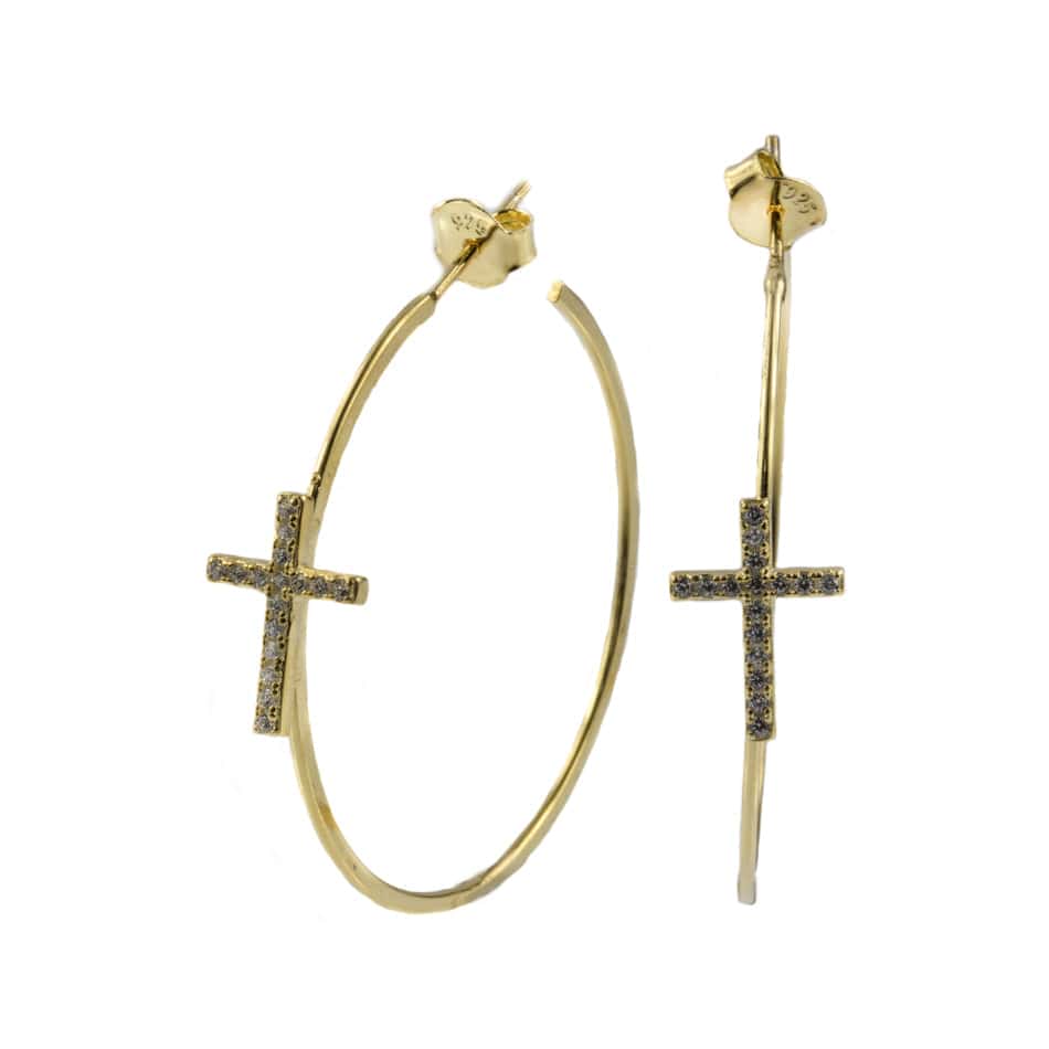 Gold Plated Hoop Earrings with Cross in Crystal