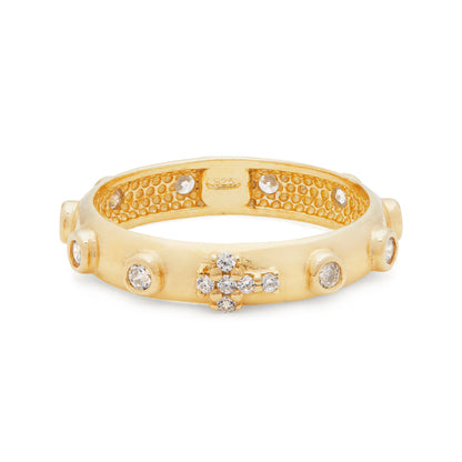 Gold-plated Sterling Silver Rosary Ring with Crystal Cross and Beads