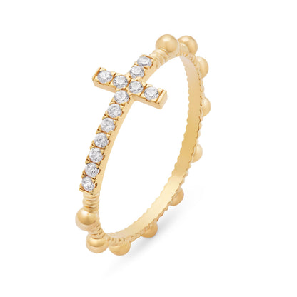 Gold-plated Rosary Ring With Cubic Zirconia Cross