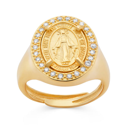 Gold-plated Sterling Silver Adjustable Chevalier Ring With Miraculous Medal And Cubic Zirconia Details
