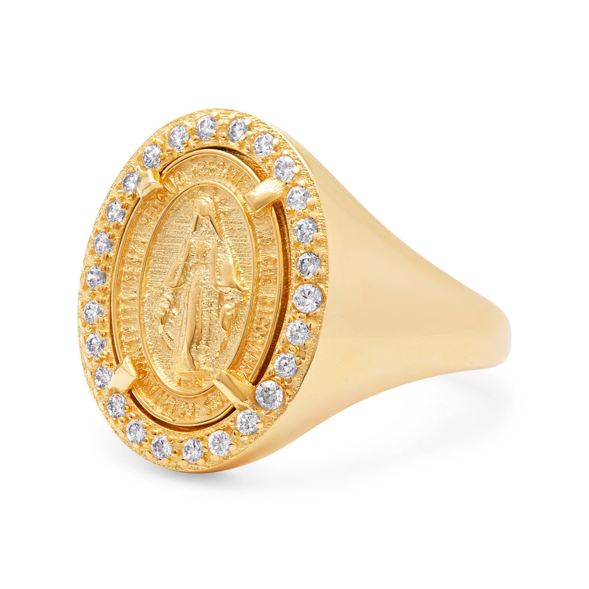 Gold-plated Sterling Silver Adjustable Chevalier Ring With Miraculous Medal And Cubic Zirconia Details