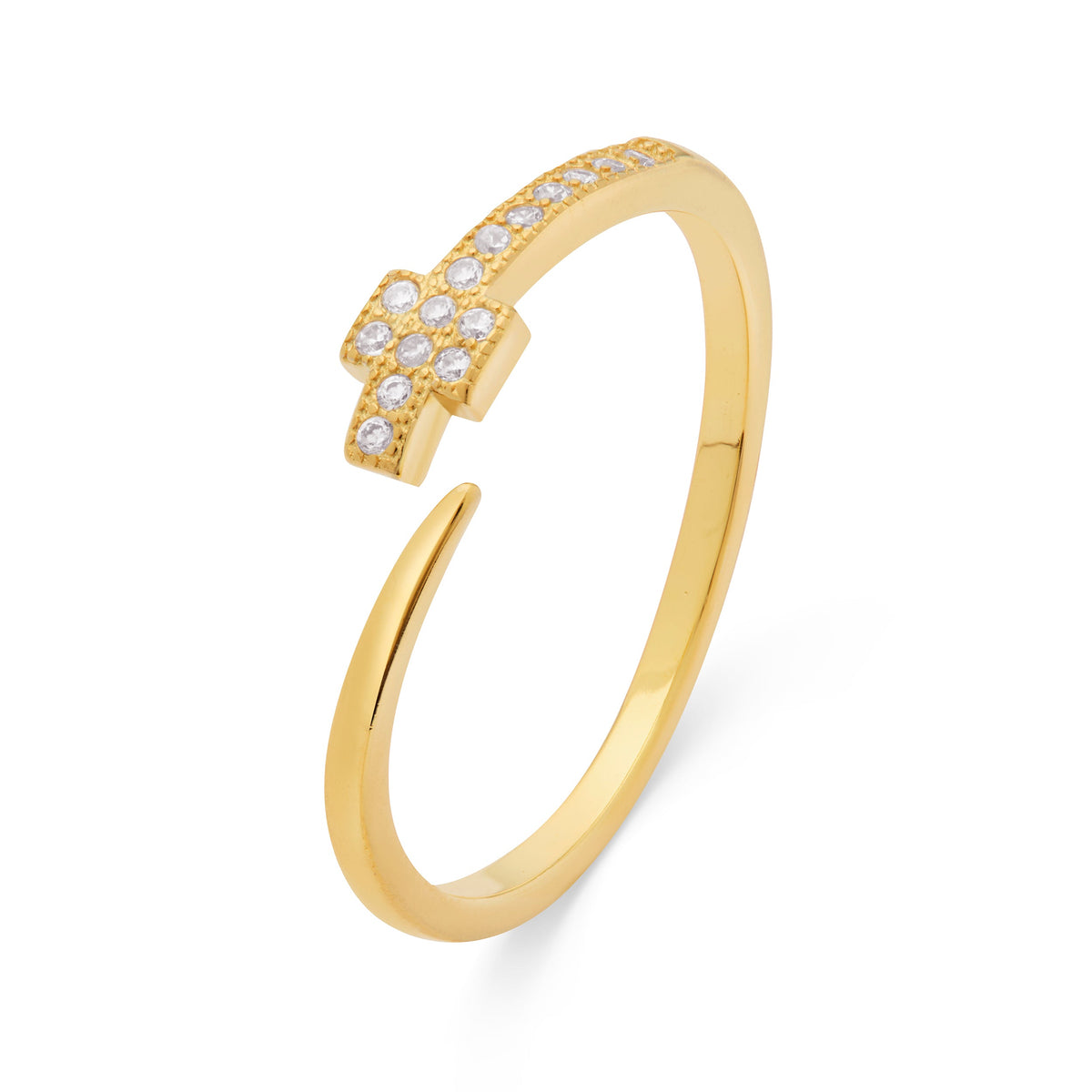 Gold-plated Sterling Silver Adjustable Ring With Cubic Zirconia and Cross