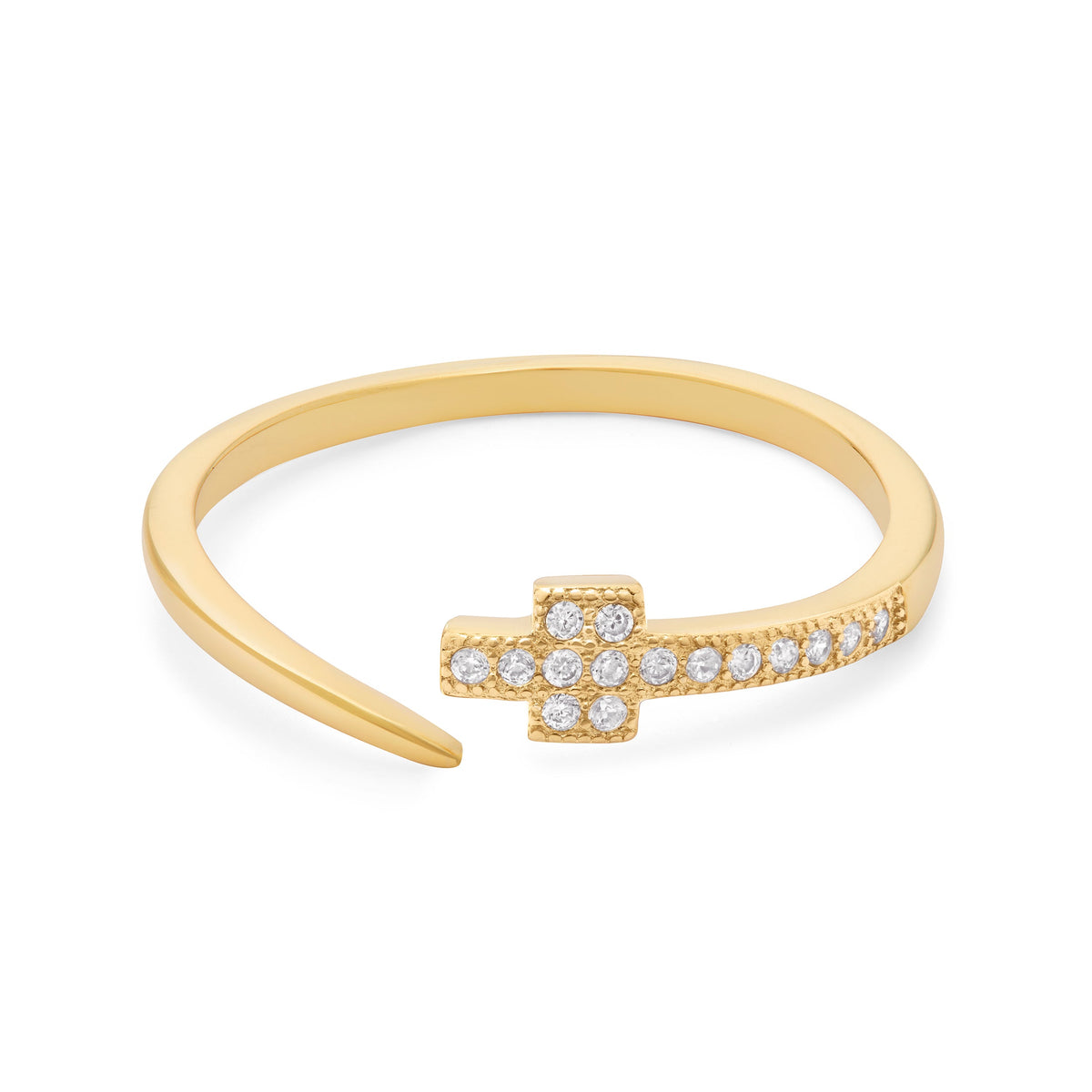 Gold-plated Sterling Silver Adjustable Ring With Cubic Zirconia and Cross