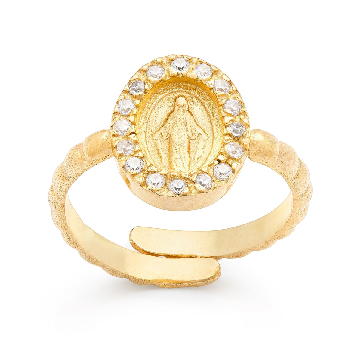 Gold-plated Sterling Silver Worked Adjustable Ring with Miraculous Medal