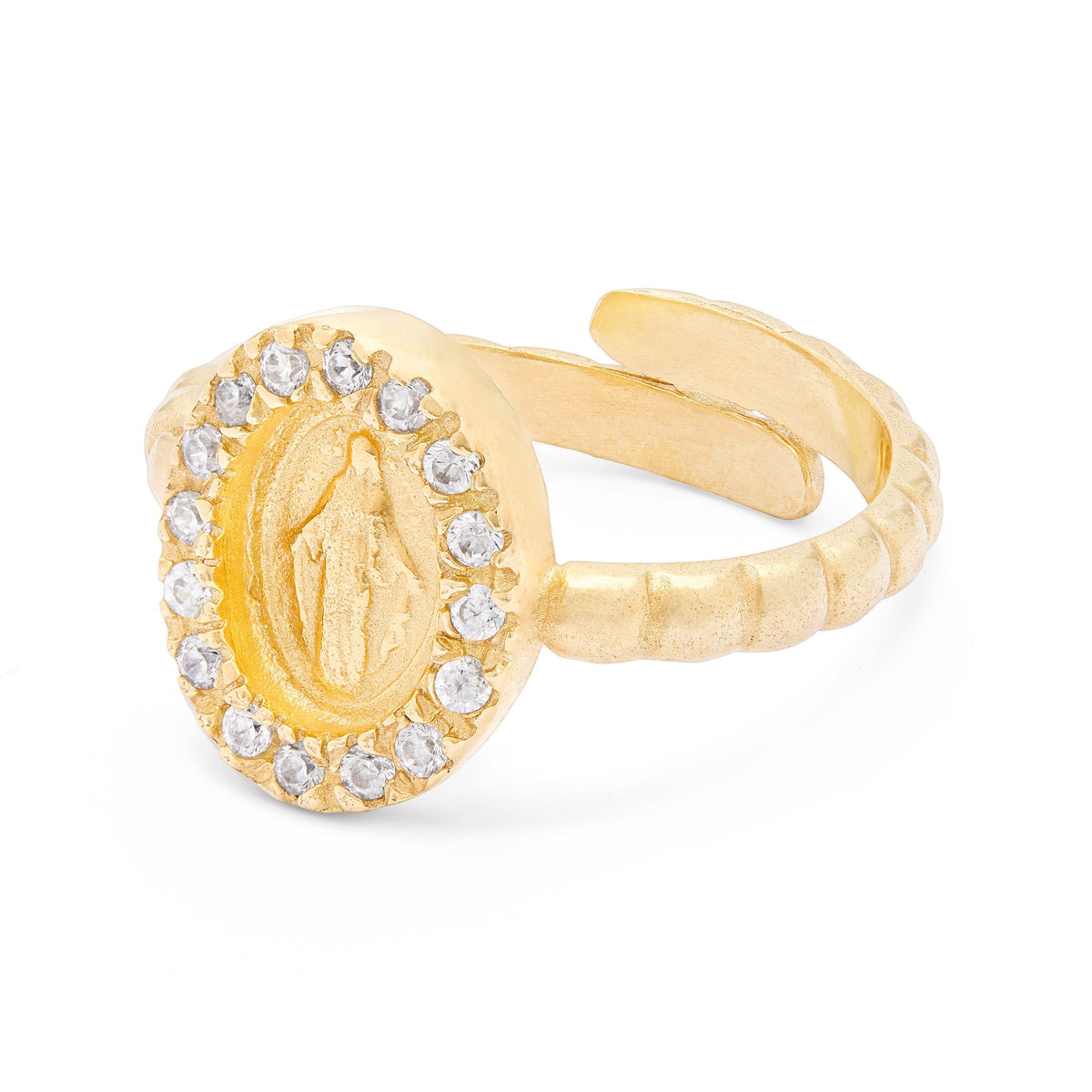 Gold-plated Sterling Silver Worked Adjustable Ring with Miraculous Medal