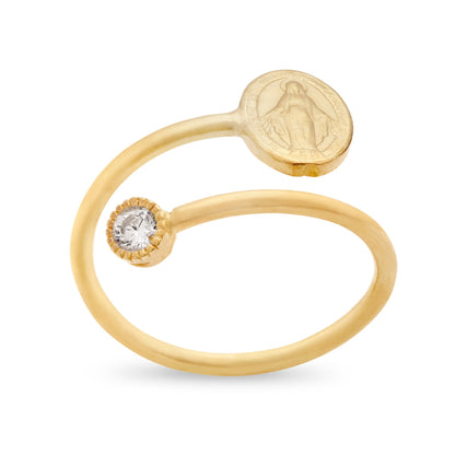 Gold-plated Sterling Silver Adjustable Ring With Miraculous Medal And Cubic Zirconia Spotlight