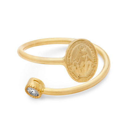 Gold-plated Sterling Silver Adjustable Ring With Miraculous Medal And Cubic Zirconia Spotlight
